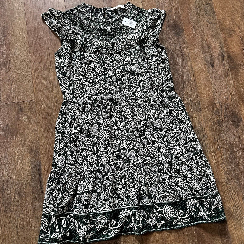 Women's LOFT Black Green White Floral Smocked Mini Dress XS